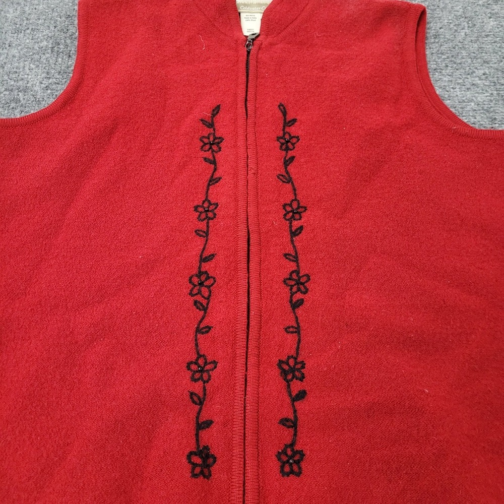 Coldwater Creek Vest Womens Large Red Wool Full Zip Floral Embroidered Sweater